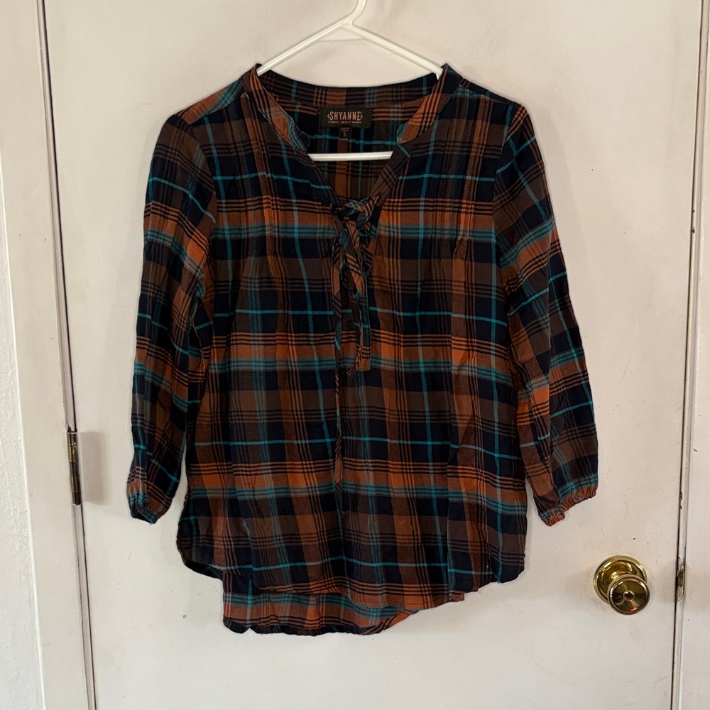 Shyanne navy orange turquoise plaid lace up pleated  blouse Size Small